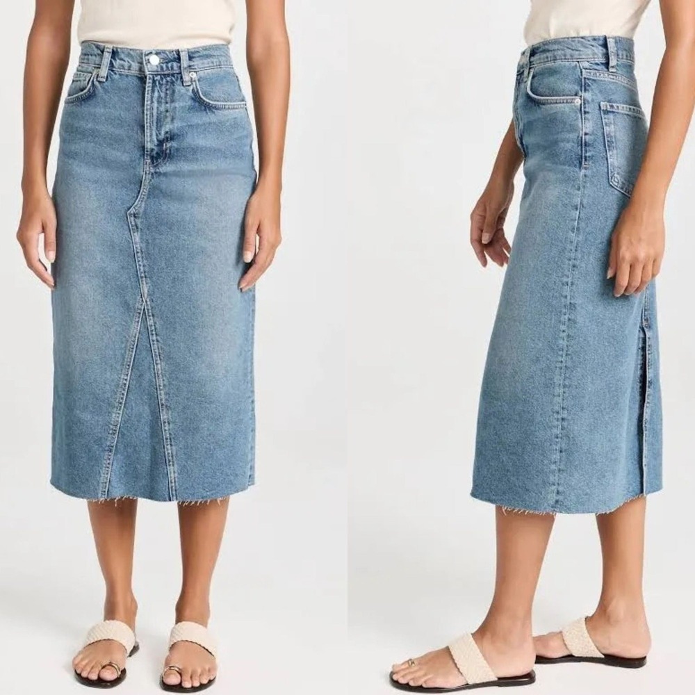 Rails Denim Midi Skirt Raw Hem Size 24 Vintage Sapphire Highland Y2K Slit Jean